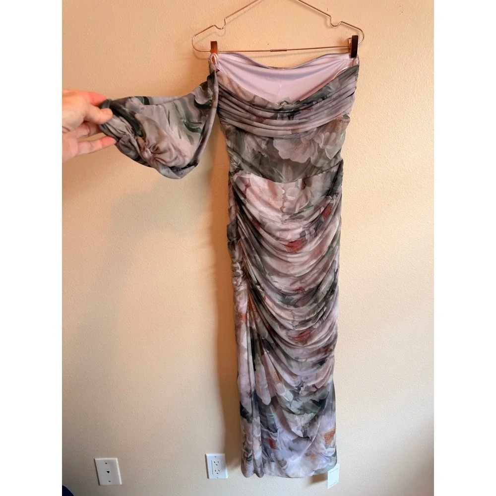 Abercrombie & Fitch Dress Womens M Green Floral One-Shoulder Mesh Ruched Maxi